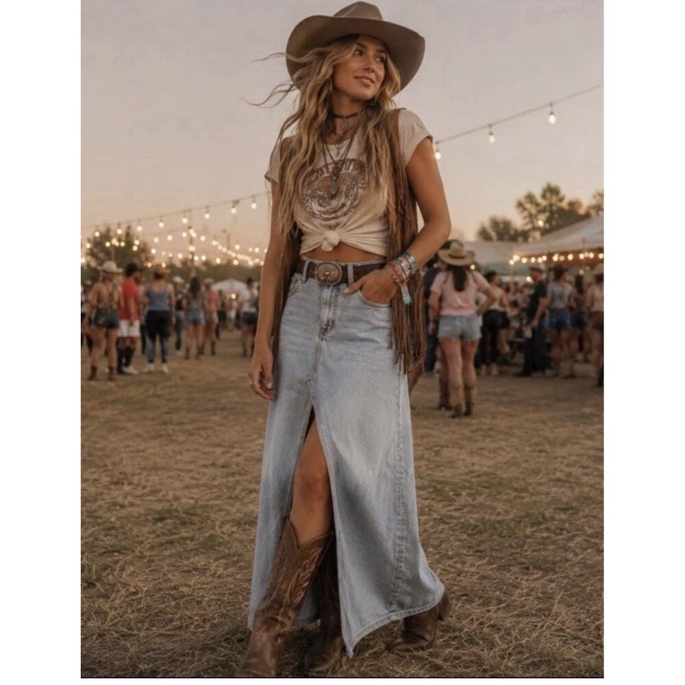 Lucky Brand Denim Maxi Skirt 8/29 Blue Front Center 20” Slit Festival Cowgirl